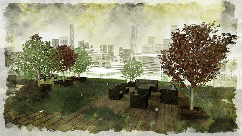 3d rendering of a green roof with decking surface, chairs, trees, and outdoor lights overlooking a city skyline.