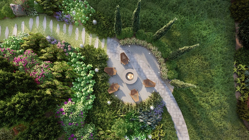 Top view of fire pit area rendering