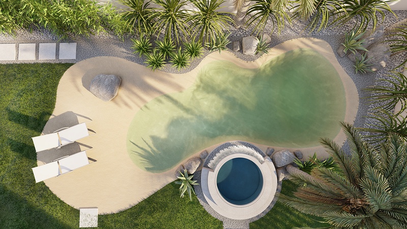 Top view of sand pool with spa