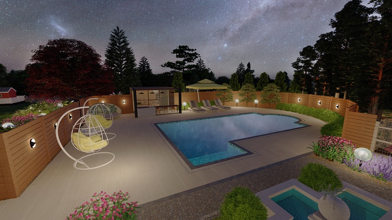 garden patio with pool at night