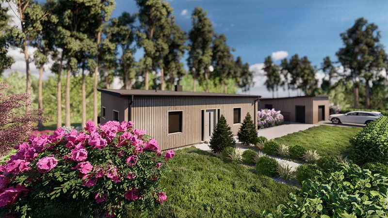 3d rendering of a modern Scandinavian frontyard design with pink flowers.
