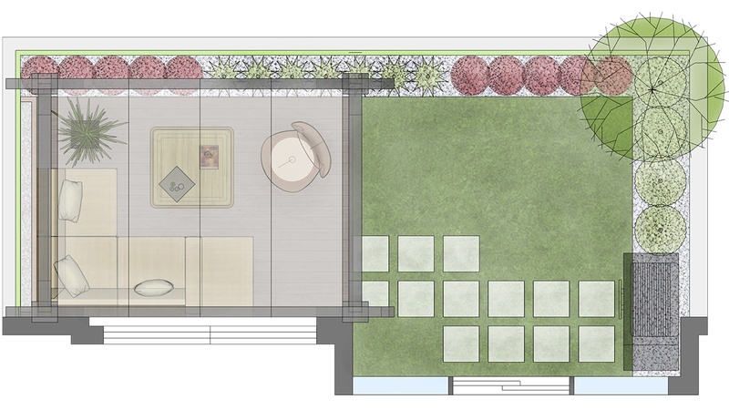 2d landscape design of a small and cozy backyard with a pergola, artificial grass and a barbecue in Melbourne, Australia.