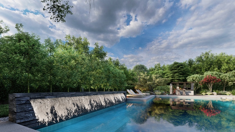 3d rendering of a pool with a modern waterfall feature and a sun shelf.