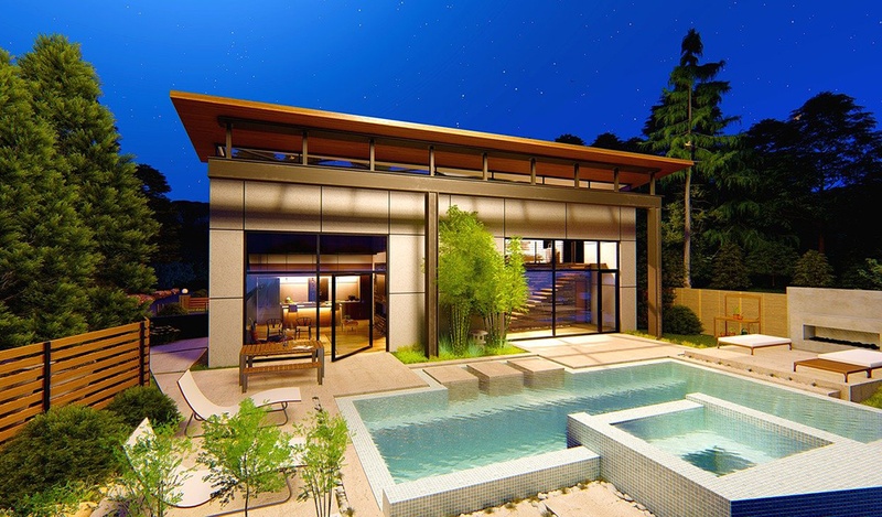 Evening shot of a modern house with a pool.