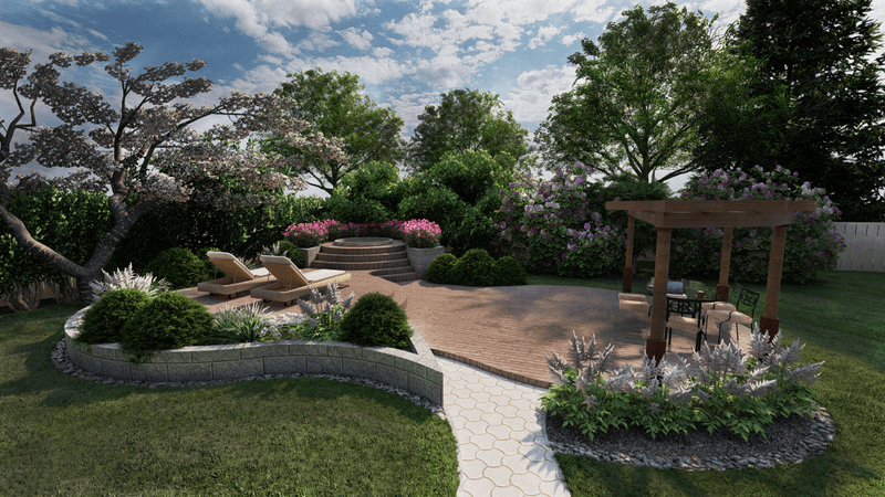 3d rendering of a multi-level decking with a pergola and a hot-tub in a backyard in Lulea, Sweden.