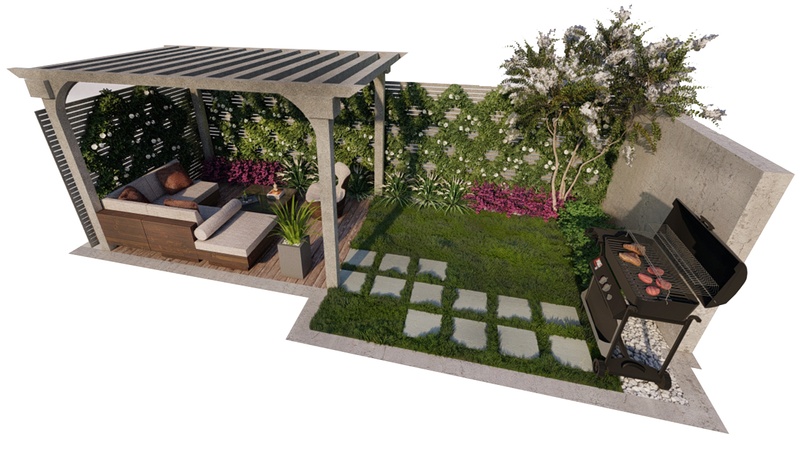 3d perspective visualization of a tiny backyard with artificial lawn and criss cross vine on the fence in Melbourne, Australia.