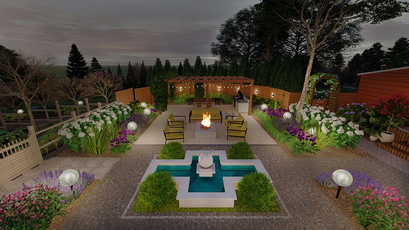 3D rendering of patio at night