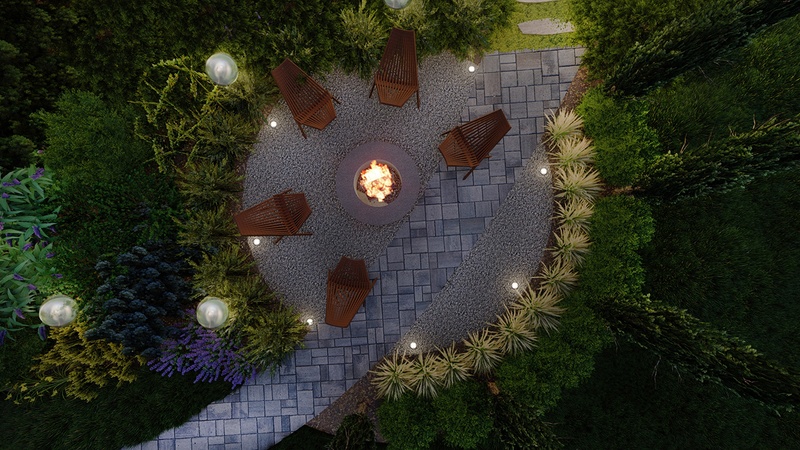Top view of fire pit rendering at night