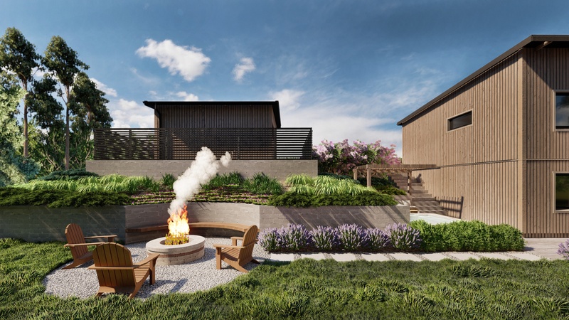 3d rendering of a Scandinavian backyard with fire pit, retaining wall and garage.