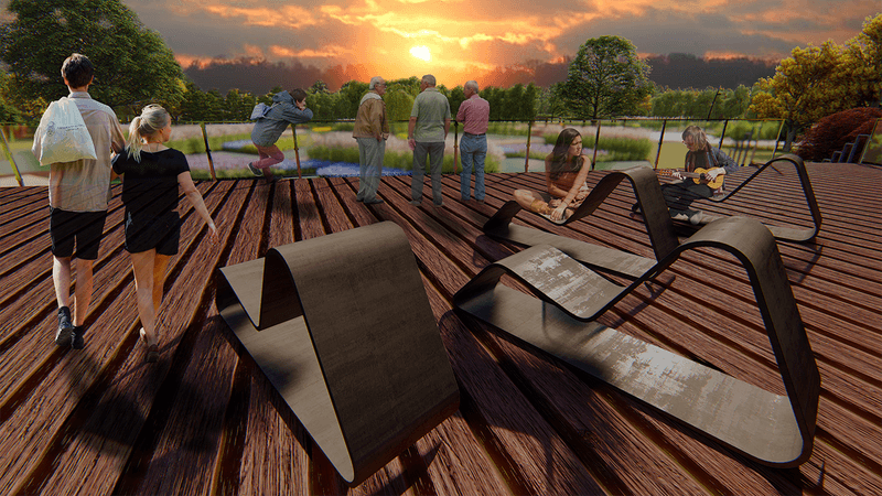 3d rendering of people enjoying a sunset from a viewpoint overlooking a pond.