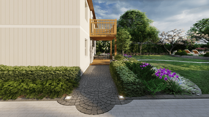 3d rendering of a paved pathway leading to a house entrance with native plants in Sweden.