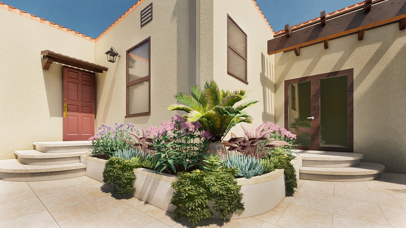 Spanish concrete planter with succulent plants and sago palm