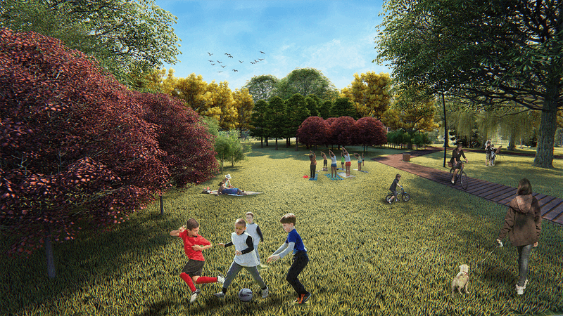 3d rendering of kids playing soccer and people doing yoga in outdoor setting surrounded by trees.