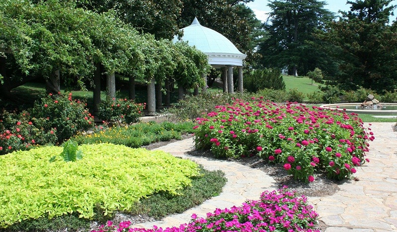 park with gazebo and pink flowers