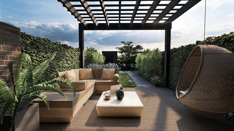 3d rendering of a small backyard with sitting area and grass in London, UK.