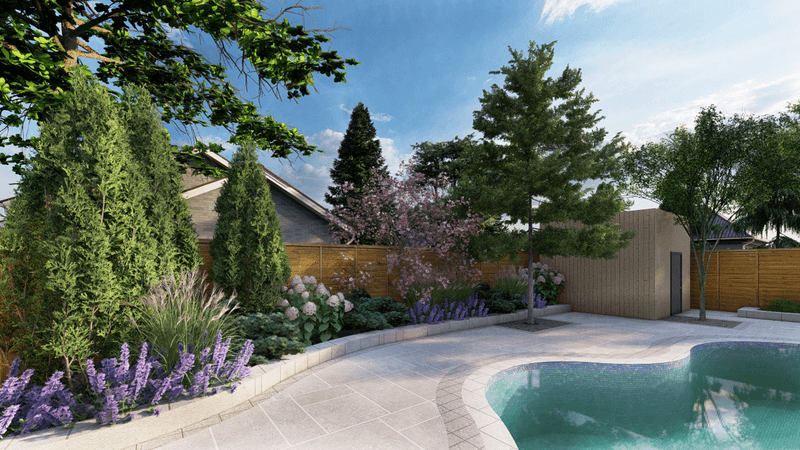 3d rendering of a backyard with organically shaped pool, planting areas, and a wooden shed.