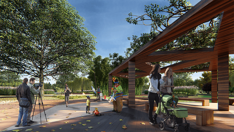 3d rendering of an urban park area with pergola and people walking.