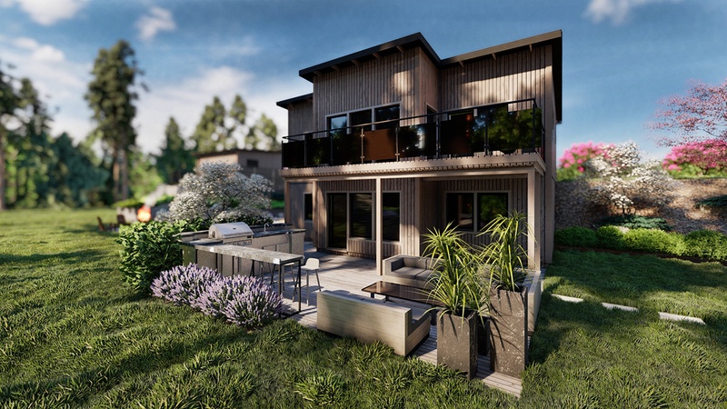 3d rendering of a modern Scandinavian house with elegant landscape design in Lulea, Sweden.