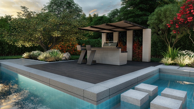 3d rendering of an outdoor kitchen with a barbecue, bar stools and pergola with vines.