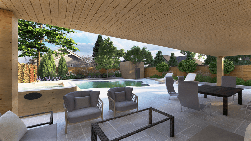 3d rendering of a patio with a seating area, hot tub and a pool.
