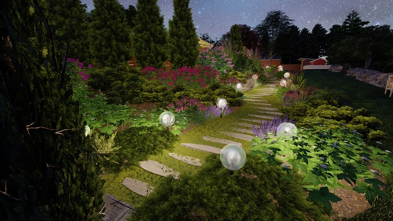 3D rendering of garden path at night