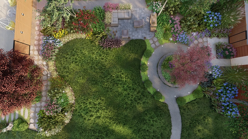 Top view of a garden rendering
