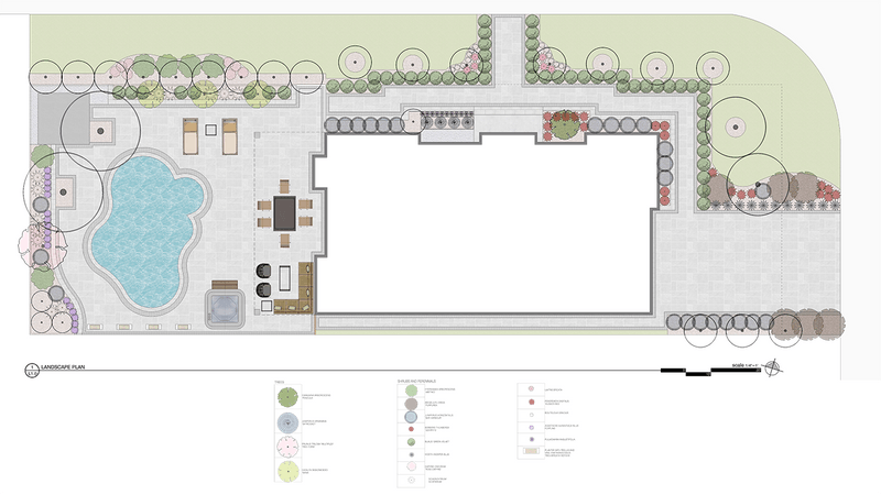 2d planting plan with plant specification and hardscape in Toronto, Canada.