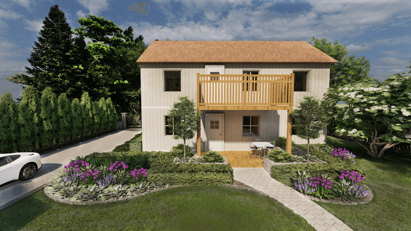 3d rendering of a house in Lulea, Sweden with native plants and porch.