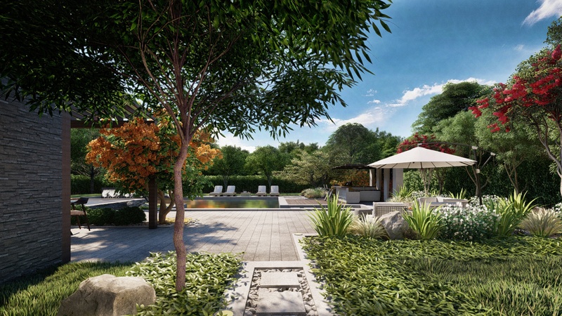 3d rendering of a garden with modern design and stone material.