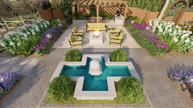 Garden patio with water feature and lounge area