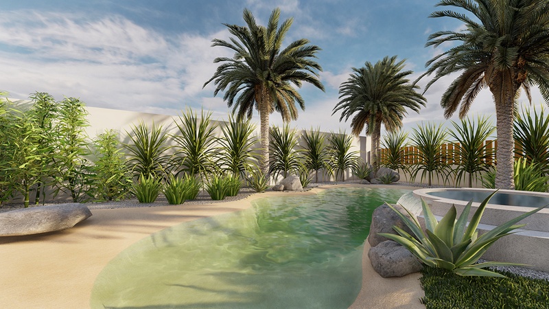 3D model of the sand pool with palms