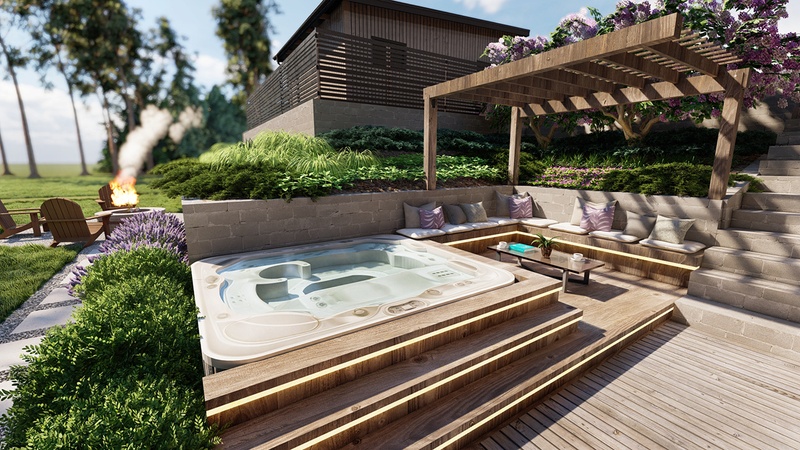 3d rendering of a hot tub with pergola and benches next to a slope.