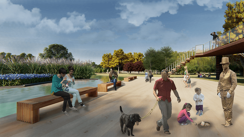 3d rendering of a wetland park with people sitting on a bench and people enjoying the view from a viewpoint.