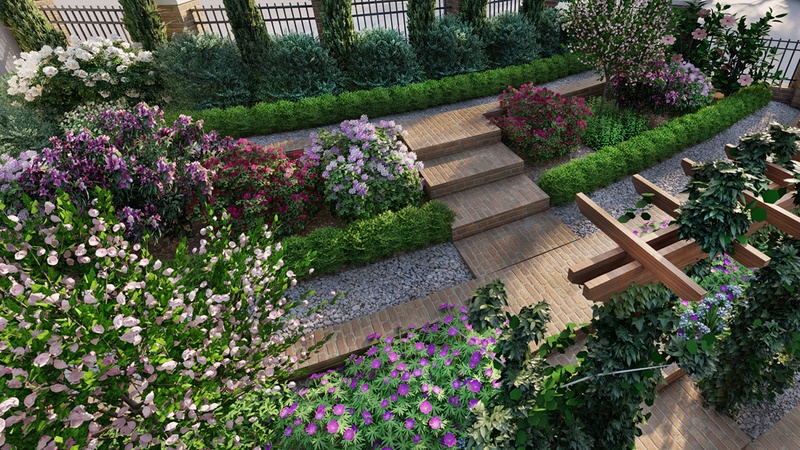 3D rendering of a sloped frontyard in california with multi level areas and brick steps with colourful plantings
