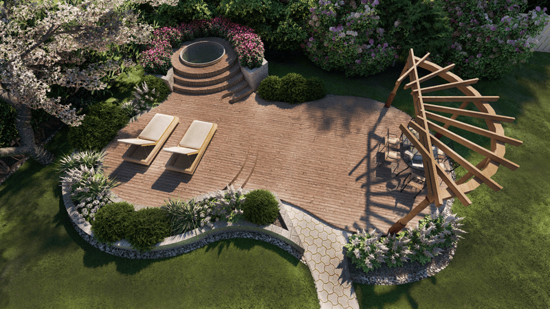 3d rendering of an aerial shot of a backyard in Lulea, Sweden with a decking, sunbeds, hot-tub and plants.