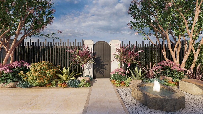 black gate and fence for the frontyard entry with tropical plants