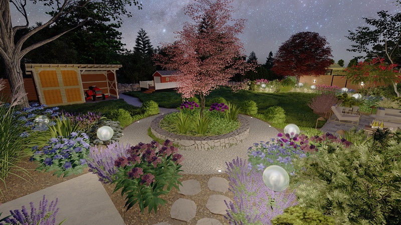 3D rendering of a garden at night