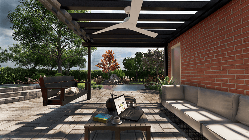 3d rendering of a sitting area with swing overlooking a pool.