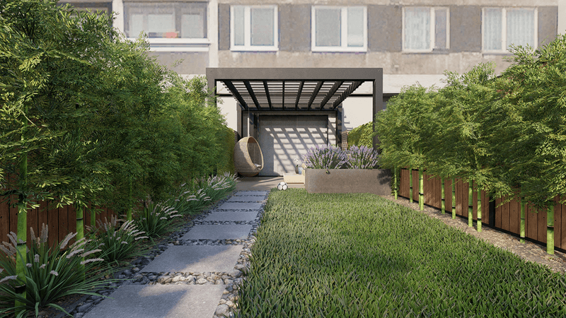 3d rendering of a small backyard with grass, bamboo and lavander in London, UK.