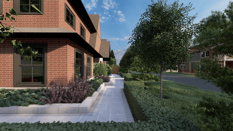 3d rendering of a frontyard landscape design with ornamental plants in Toronto, Ontario.