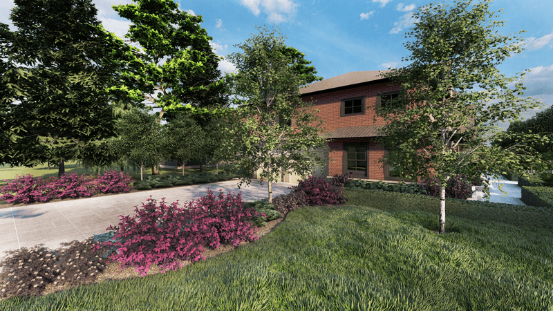 3d rendering of a driveway in front of a house with plants and grass in Toronto, Ontario.