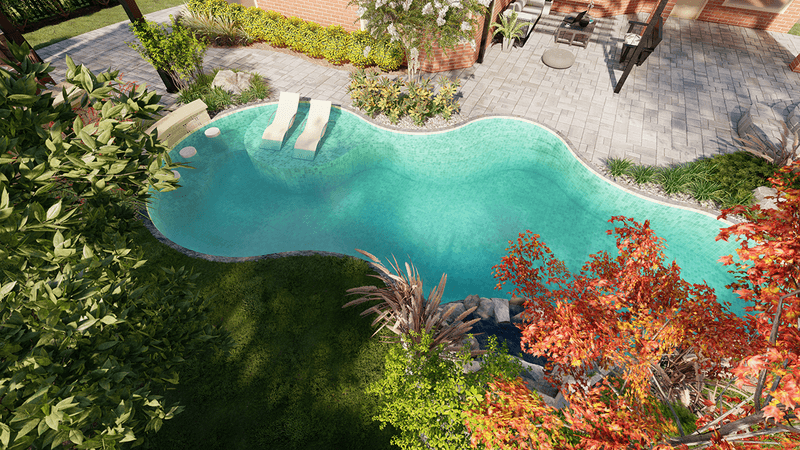3d rendering of a pool aerial shot with sun loungers, bar and native plants in League City, Texas.