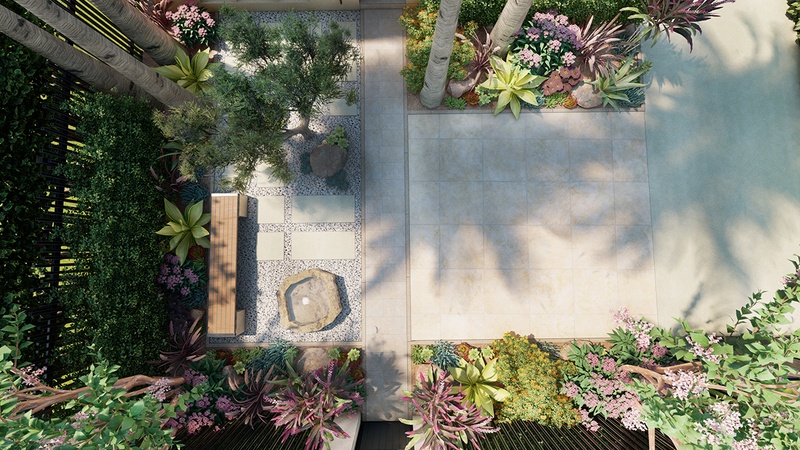 Top view of the frontyard with water feature, bench and tropical plants