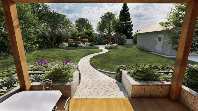 3d rendering of a garden in Lulea, Sweden taken from a porch.