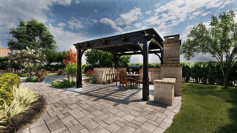3d rendering of a backyard with outdoor kitchen, dining table, barbecue and a shade structure in League City, Texas.