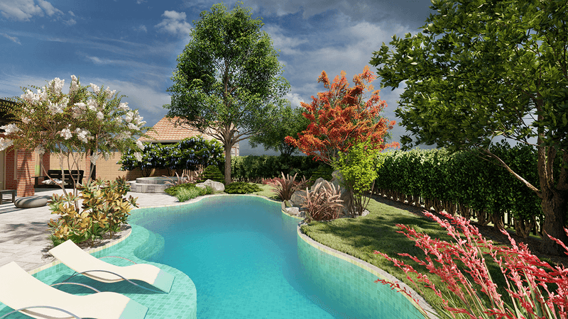 3d rendering of a pool area surrounded by plants and trees based in League City, Texas.