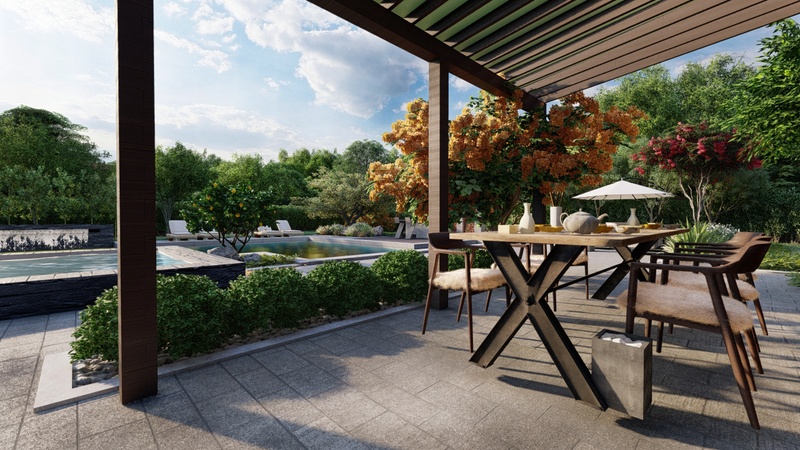 3d rendering of a patio with a shade structure, dining table and boxwood plants in the back.